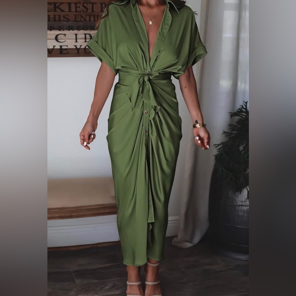 NEW Women Elegant Satin Button Down Short Sleeve Maxi Shirt Dress with Belt - Picture 6 of 9